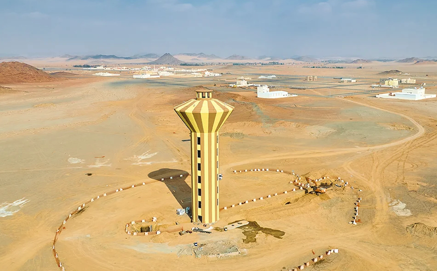 Wide aerial view of the Hail water tank and surrounding landscape